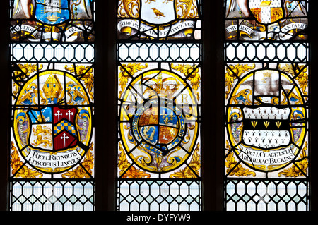 Heraldic stained glass, St. Martin`s Church, Fenny Stratford, Buckinghamshire, England, UK Stock Photo